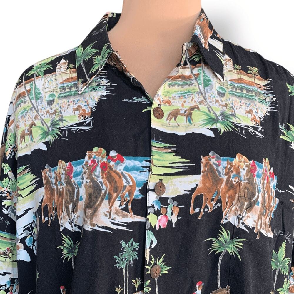 Vintage Kahala Hawaiian Shirt XL Horse Racing Surf Print Rayon Made in Hawaii